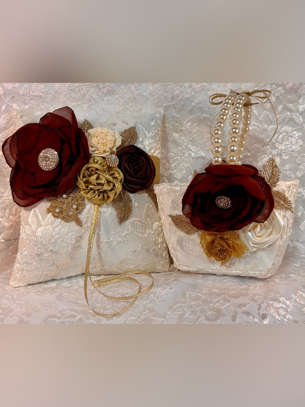 💍 Chocolate Gold and Ivory Ring Pillow and Flower Basket Set